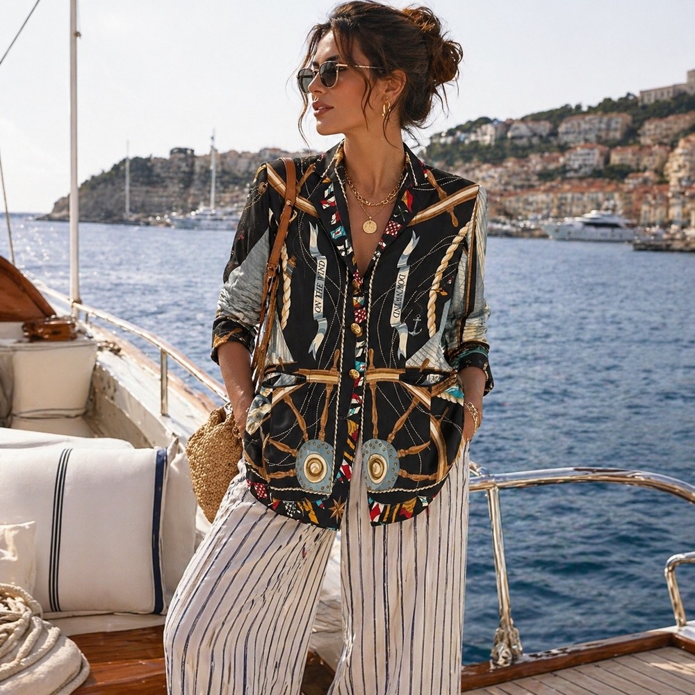 VTG Mondi Nautical Sailboat Silk Blazer Jacket Womens Size M Coastal Yacht Chic